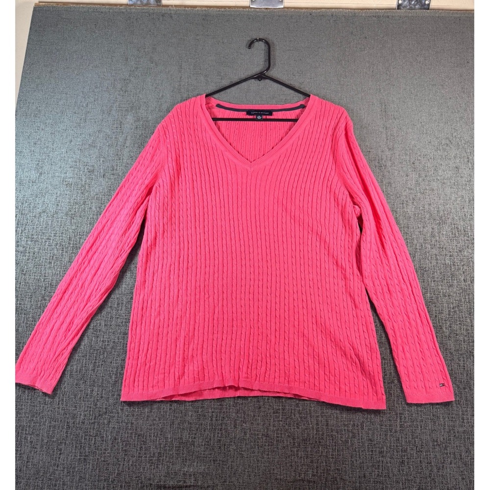Tommy Hilfiger Pink Cable Knit V-Neck Sweater Womens XL Long Sleeve Logo